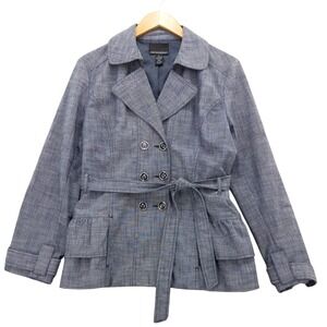 Cynthia Rowley Blue Belted Trench Coat Ruffle Hem Womens Size L‎